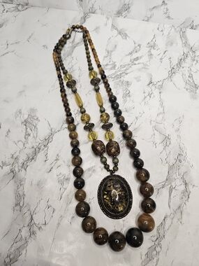 2 Chuncky Faux Amber & Faux Tiger's Eyes Beaded  Necklaces